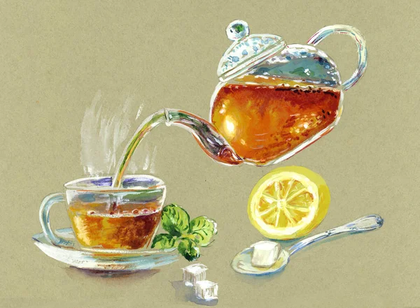 Watercolor Drawing Teapot Cup Tea Lemon Spoon Sugar Table — Stock Photo, Image