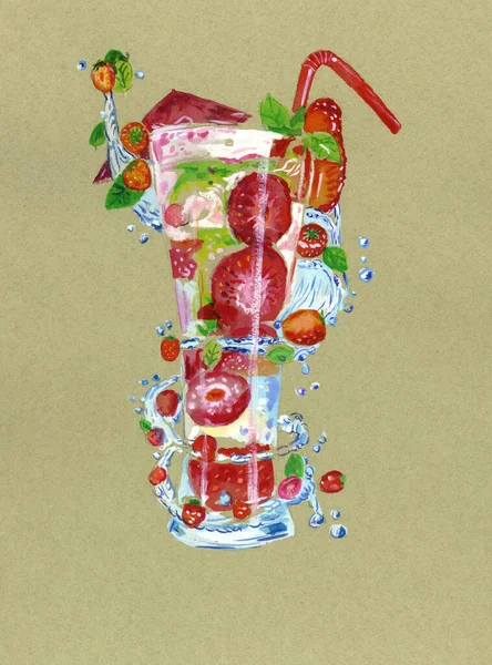 Watercolor drawing of berry and fruit cocktail. Strawberries, raspberries and other berries in a cocktail splash and juice splash