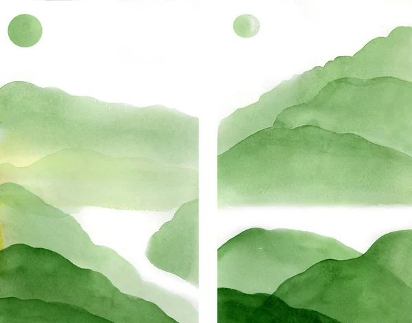 Yüksek dağ ve ormandan oluşan bir manzaranın suluboya çizimi. Gökyüzüne ve güneşe karşı yeşil tepeler