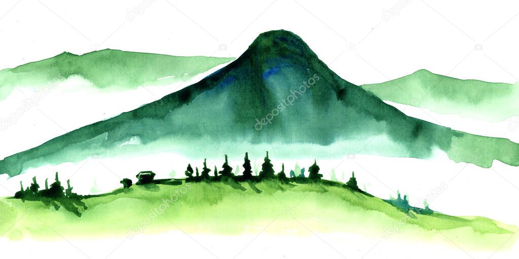 Watercolor drawing of a landscape of green hills, mountains and trees