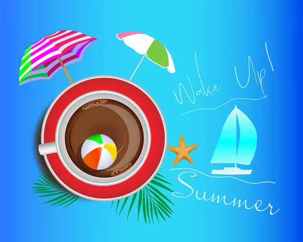 夏が来て 目を覚ます時間です 青い背景にコーヒー ビーチ傘 ヨット ヤシのカップ — ストックベクタ