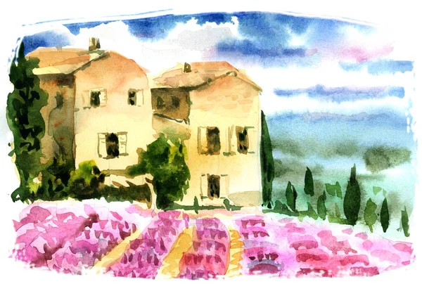 Dessin Aquarelle Paysage Méditerranéen France Provence Belles Maisons Sur Une — Photo