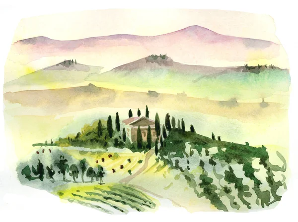 Akdeniz manzarasının suluboya çizimi. İtalya, Toskana, selvi ağaçlarıyla çevrili bir tepenin üzerindeki güzel evler. Uzaktan sabah puslu pembe tepeleri görebilirsin.