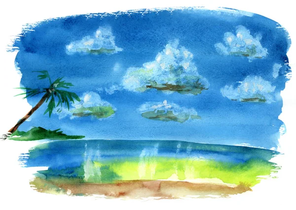 Akvarel Tropický Mořský Plášť Modrou Oblohou Mraky Palmami Sněhobílá Mračna — Stock fotografie