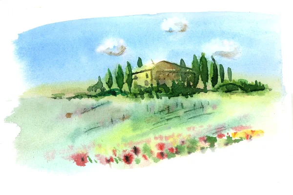 Akdeniz manzarasının suluboya çizimi. İtalya, Toskana, bir tepede güzel evler selvi ve çiçek tarlalarıyla çevrili.