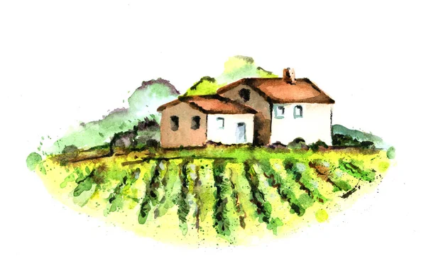 Disegno Acquerello Villaggio Case Coloniche Due Case Sullo Sfondo Campi — Foto Stock