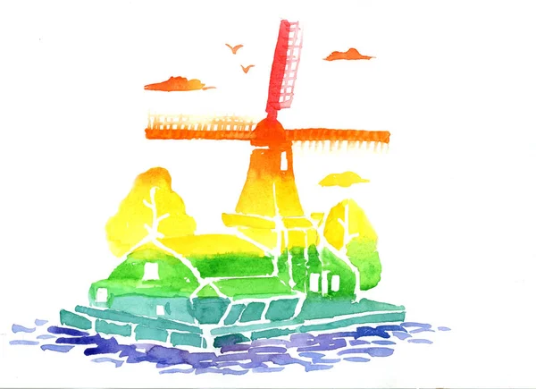 Aquarel Schilderstuk Van Een Regenboog Nederlandse Molen Voor Gebruik Ontwerpen — Stockfoto