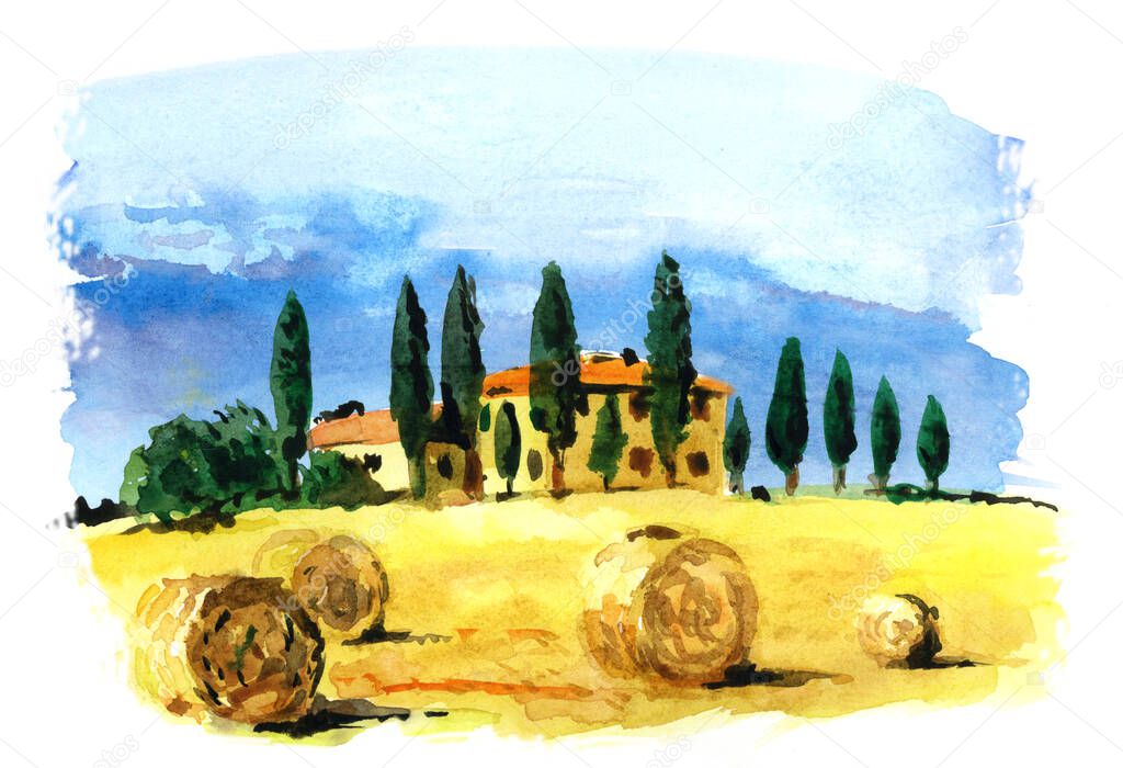 Watercolor drawing of a mediterranean landscape. Italy, Tuscany, beautiful houses on a hill surrounded by cypress trees