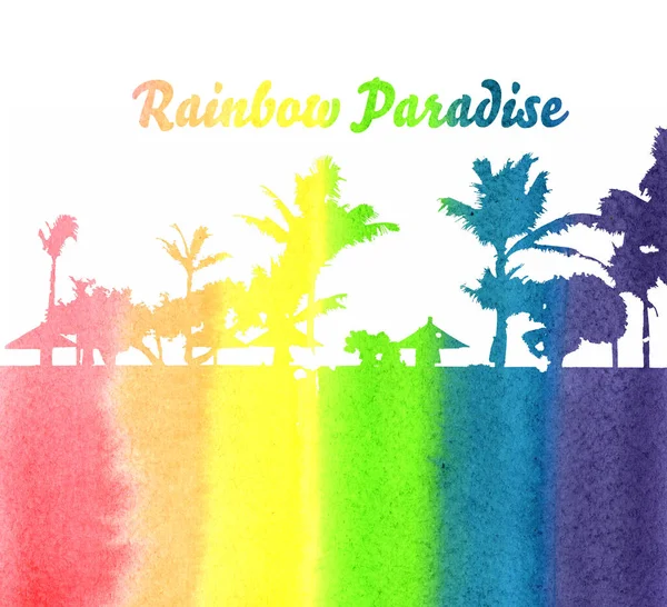 Sfondo Paradiso Arcobaleno Paesaggio Acquerello Tropicale Silhouette Palme Capanne — Foto Stock