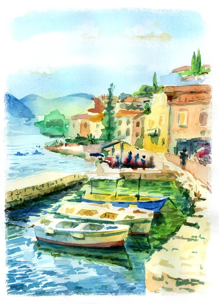 Watercolor Seascape Mediterranean Old Town Boats Promenade — Stock Photo, Image