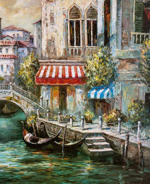 An oil painting of Venetian architecture and water canal in Venice, Italy.