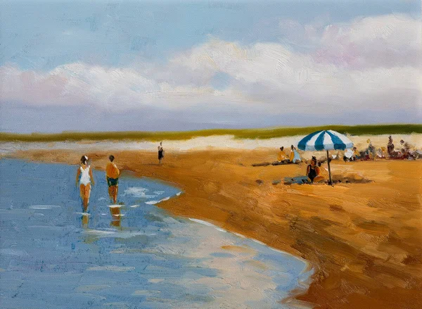 Impressionistisk Oljemålning Som Skildrar Solig Dag Stranden — Stockfoto