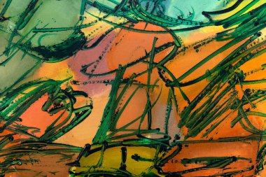 Canlı renklere, güçlü şekillere ve fırça darbelerine sahip soyut boya parçaları. Sanatsal benzersiz resim.