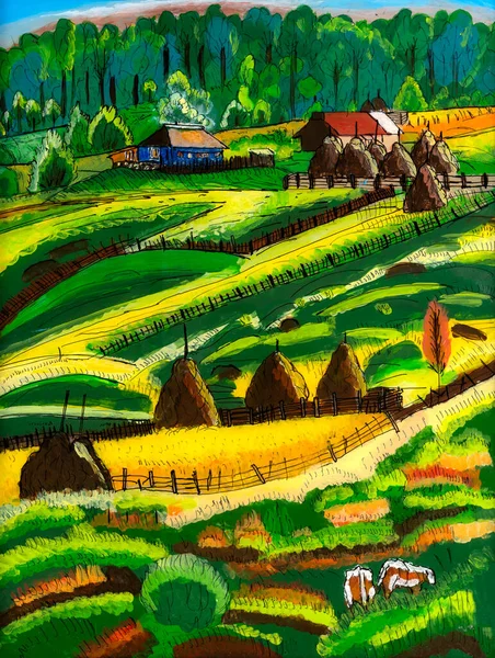 Pintura Vidro Reversa Uma Fazenda Rural Região Maramures Romênia Colorido — Fotografia de Stock