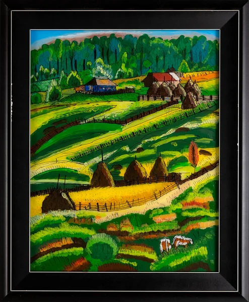 Pintura Vidro Reversa Emoldurada Uma Fazenda Rural Região Maramures Romênia — Fotografia de Stock