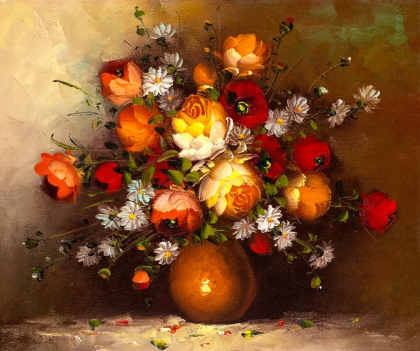 Olieverfschilderij Met Stilleven Van Verschillende Bloemen Een Vaas — Stockfoto