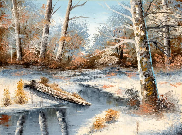 Oryginalny Obraz Olejny Piękny Krajobraz Zimowy Wsi Strumieniem Górami Tle — Zdjęcie stockowe