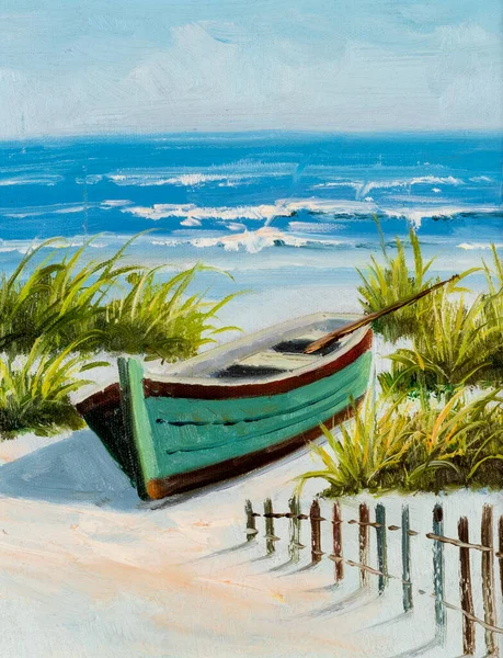 Pittura Olio Una Scena Sulla Spiaggia Con Una Barca Remi — Foto Stock