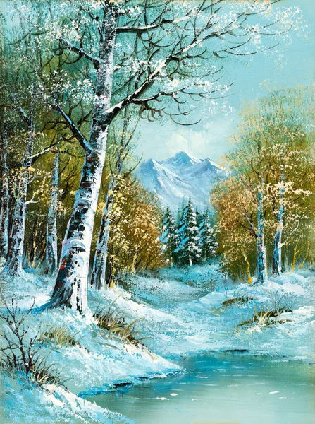 Original Ölgemälde Einer Schönen Ländlichen Winterlandschaft Mit Einem Bach Und — Stockfoto