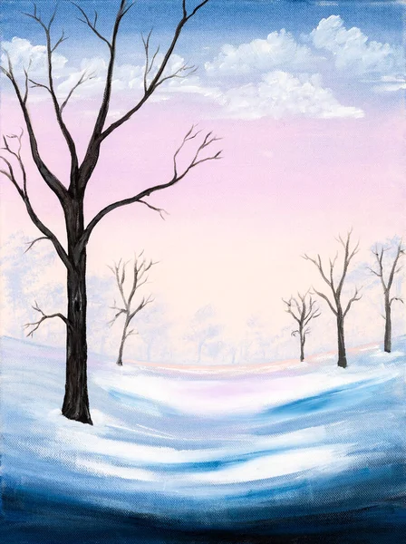 曇りの空と美しい農村部の冬の風景のナイーブスタイルの油絵 クリスマス休暇のコンセプト — ストック写真