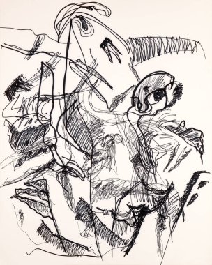 Beyaz zemin üzerinde güçlü çizgiler ve eğriler olan soyut figüratif çizimler. Soyut resimleme.