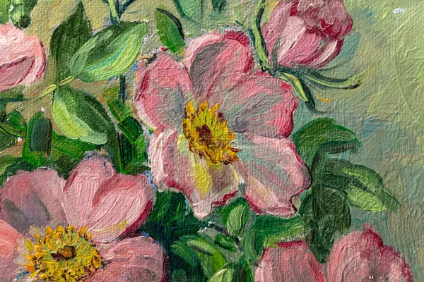 Close Fragment Oil Painting Depicting Still Life Flowers Vase Macro — Stock Photo, Image