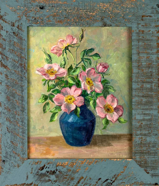 Ahşap Çerçeveli Vazodaki Çiçeklerin Klasik Yağlı Boyası — Stok fotoğraf