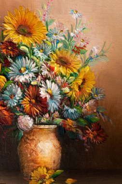 Vazodaki çiçeklerin yaşamını resmeden yağlı boya tablosunun kapağı. Makro impasto sanat eseri.