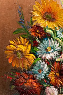 Vazodaki çiçeklerin yaşamını resmeden yağlı boya tablosunun kapağı. Makro impasto sanat eseri.