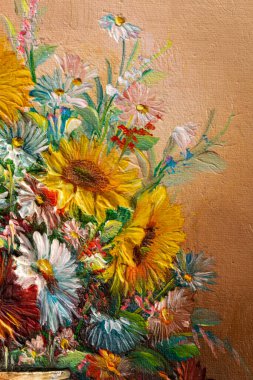 Vazodaki çiçeklerin yaşamını resmeden yağlı boya tablosunun kapağı. Makro impasto sanat eseri.