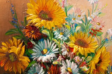 Vazodaki çiçeklerin yaşamını resmeden yağlı boya tablosunun kapağı. Makro impasto sanat eseri.