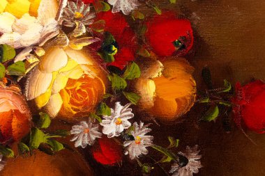 Vazodaki çiçeklerin yaşamını resmeden yağlı boya tablosunun kapağı. Makro impasto resim.