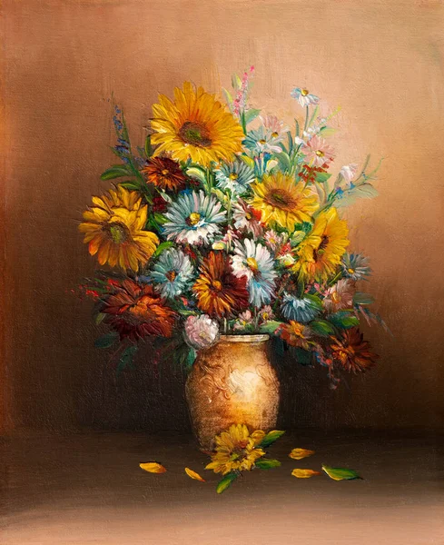 Vazodaki çiçekleri resmeden yağlı boya. Makro impasto sanat eseri.