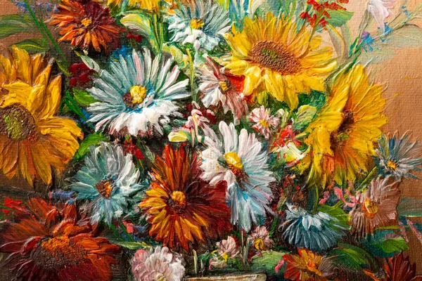 花瓶に花の静物を描いた油彩画の断片の終わり マクロ インパスト アートワーク — ストック写真