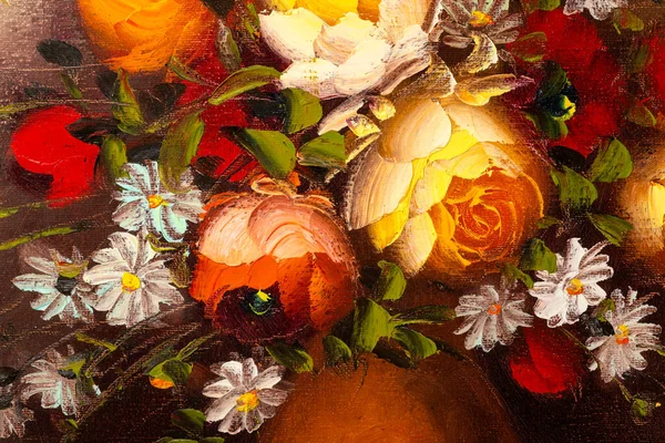 花瓶に花の静物を描いた油彩画の断片の終わり マクロインパスト絵画 — ストック写真
