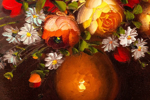接近油画中描绘花瓶中花朵静物的碎片 宏观无耻的绘画 — 图库照片