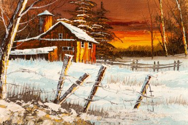 Fragment of oil painting of an old barn house at sunset winter landscape. Christmas Holiday concept. clipart