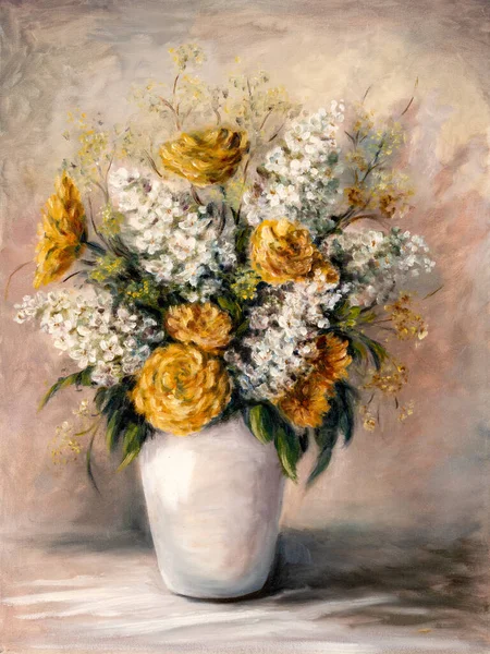 Stilleven Olieverfschilderij Met Afbeelding Van Oranje Chrysant Witte Seringen Bloemen — Stockfoto