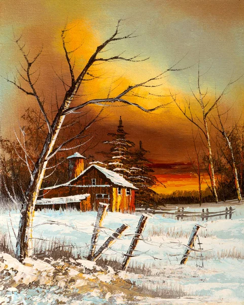 Original Oil Painting Old Barn House Sunset Winter Landscape Christmas — Stock Photo, Image