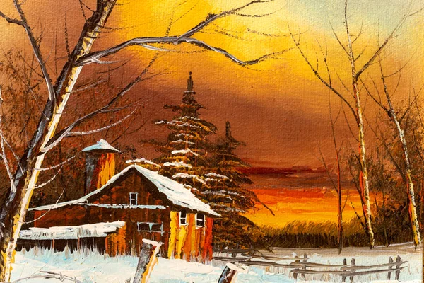 Fragment Eines Ölgemäldes Eines Alten Scheunenhauses Bei Sonnenuntergang Winterlandschaft Weihnachtsferien — Stockfoto