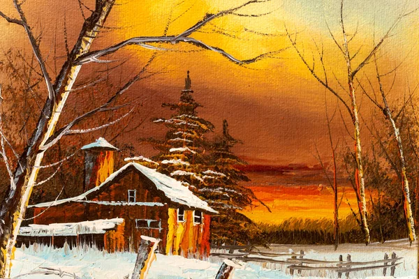 Gün batımında eski bir ahır evinin yağlı boya tablosu. Noel Tatili Konsepti.