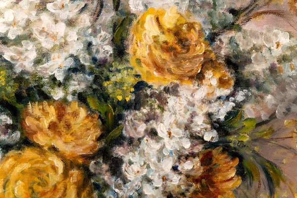 Fragment Zátiší Olejomalba Znázorňující Oranžovou Chryzantému Bílé Šeříky Květy Váze — Stock fotografie
