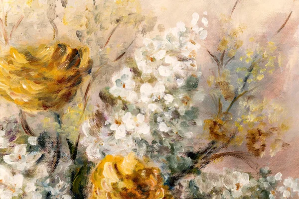 静物画の欠片オレンジ菊と白百合の花を花瓶に描いた油彩画 — ストック写真