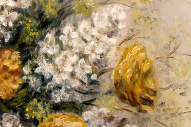 Vazoda turuncu kasımpatı ve beyaz leylak çiçeklerini tasvir eden natürmort yağlı boya tablosu..