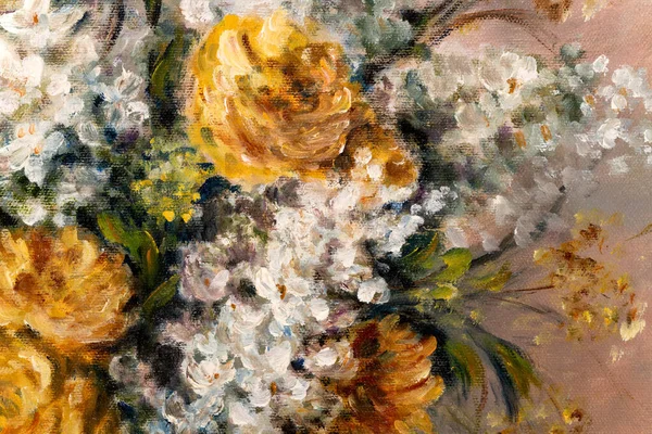 Fragment Martwej Natury Obraz Olejny Przedstawiający Pomarańczowe Chryzantemy Białe Kwiaty — Zdjęcie stockowe