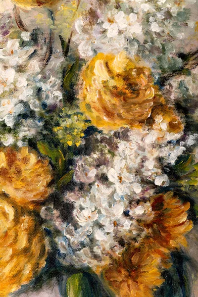 Фрагмент Натюрмортной Живописи Маслом Изображением Оранжевой Хризантемы Белых Цветов Сирени — стоковое фото
