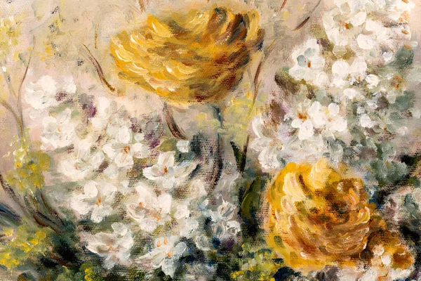 Fragment Zátiší Olejomalba Znázorňující Oranžovou Chryzantému Bílé Šeříky Květy Váze — Stock fotografie