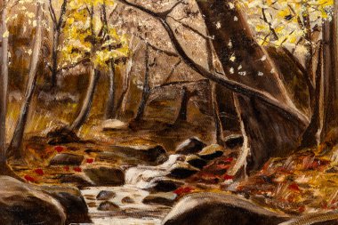Yağlı boya tablo, ormanın ortasında çiçek açan bir ağacı ve kayalık bir dereyi resmediyor..