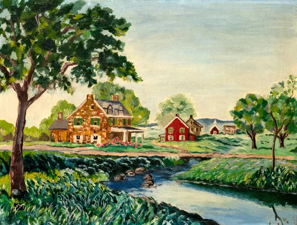Impressionist Vintage Oil Painting Depicting Village Houses Stream — Stock Photo, Image