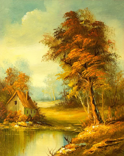 Vintage Oil Painting Depicting Small Cabin House Lake Woods — Stock Photo, Image